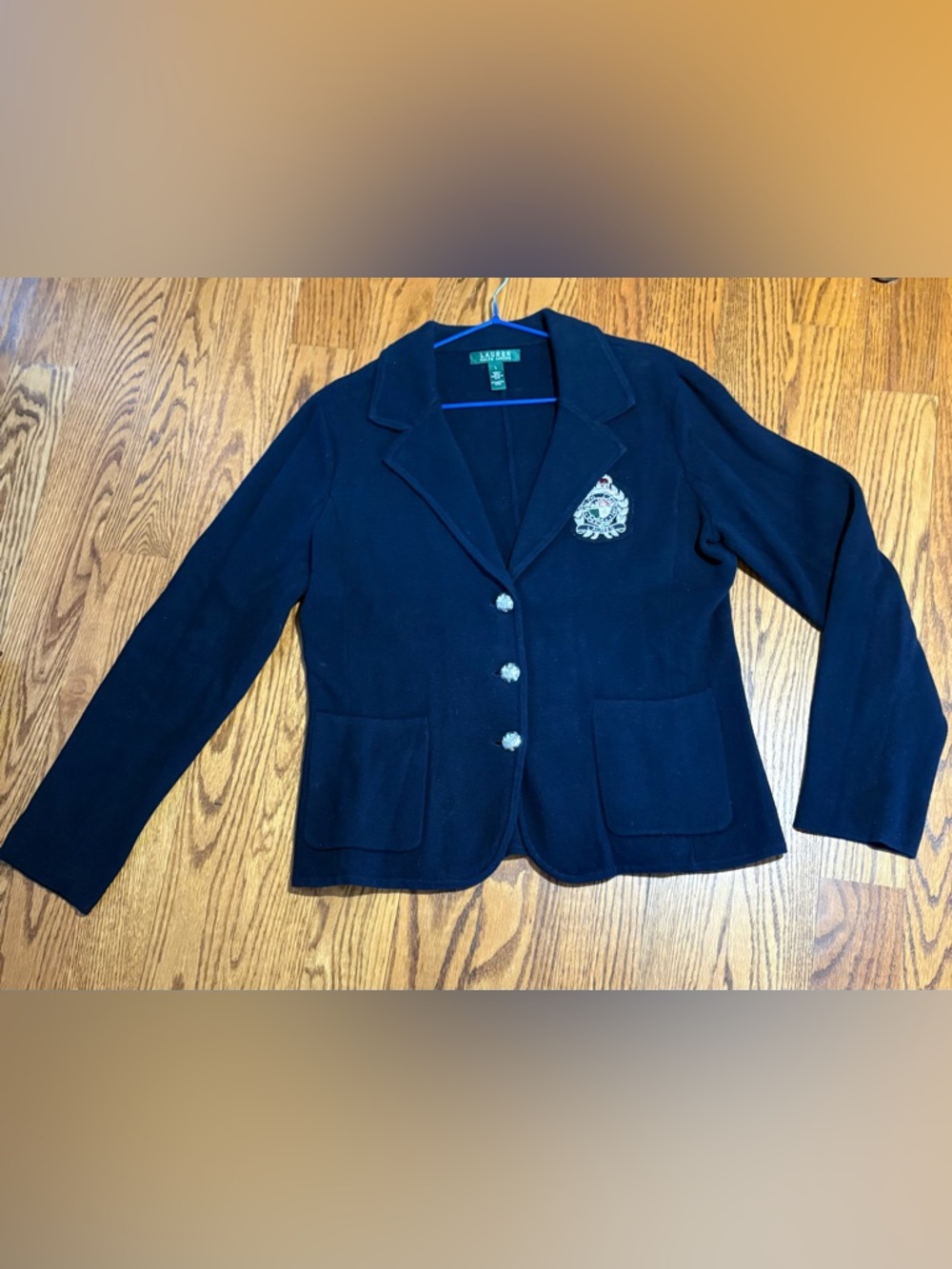Lauren Ralph Lauren Navy Knit Blazer with Crest Patch Size Large